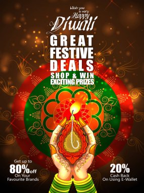 Hindistan tatil mutlu bayramlar kutlamaları için diya şenlikli anlaşma arka plan ile tutan kadın