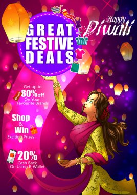 Hindistan tatil mutlu bayramlar kutlamaları için diya şenlikli anlaşma arka plan ile tutan kadın