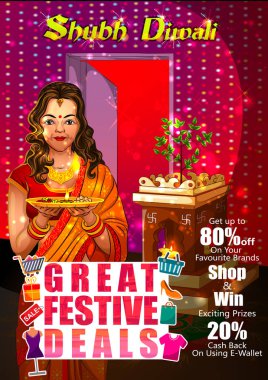 Hindistan tatil mutlu bayramlar kutlamaları için diya şenlikli anlaşma arka plan ile tutan kadın