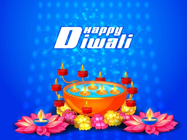 Diya decorado na noite de Diwali feliz que celebra férias da Índia —  Vetores de Stock