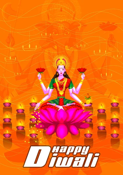 Déesse indienne Lakshmi sur Lotus sur Happy Diwali nuit célébrant la fête de l'Inde — Image vectorielle