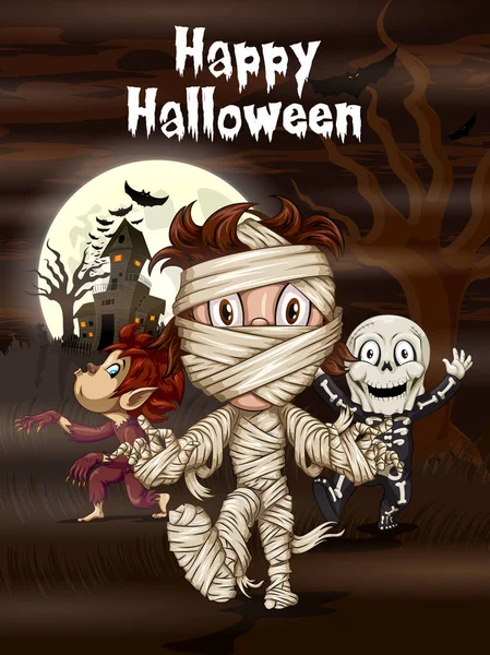 Fröhliche halloween hanted Hintergrund mit Kindern in gruseligen Kostümen — Stockvektor