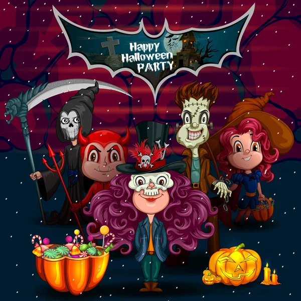 Feliz Halloween hanunted fondo con los niños en traje de miedo — Vector de stock