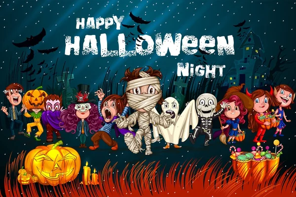 Feliz Halloween hanunted fundo com crianças em fantasia assustadora — Vetor de Stock