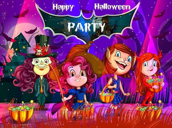 Happy Halloween hanunted background with kids in scary costume — Stock Vector