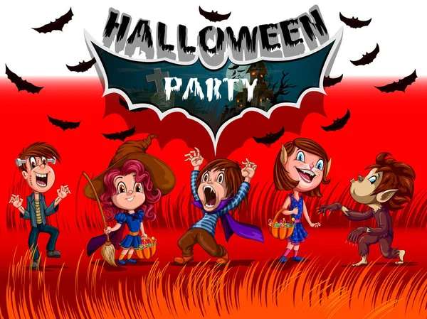 Fröhliche halloween hanted Hintergrund mit Kindern in gruseligen Kostümen — Stockvektor
