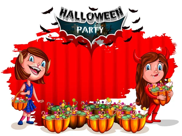 Feliz Halloween hanunted fundo com crianças em fantasia assustadora — Vetor de Stock