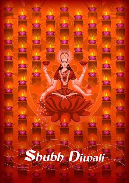 Déesse indienne Lakshmi sur Lotus sur Happy Diwali nuit célébrant la fête de l'Inde — Image vectorielle