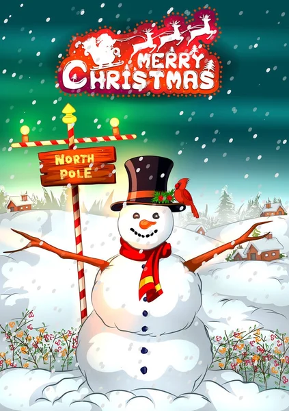 Χιονάνθρωπος σε χιονοπτώσεις τοπίο για καλά Χριστούγεννα και ευτυχισμένο νέο Yeargreeting backgrund — Διανυσματικό Αρχείο