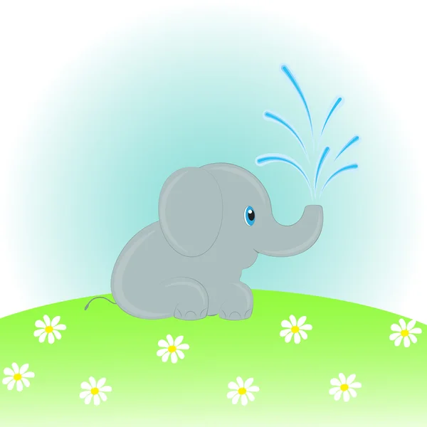 Elefante de dibujos animados regando flores en el prado. Ilustración vectorial . — Vector de stock