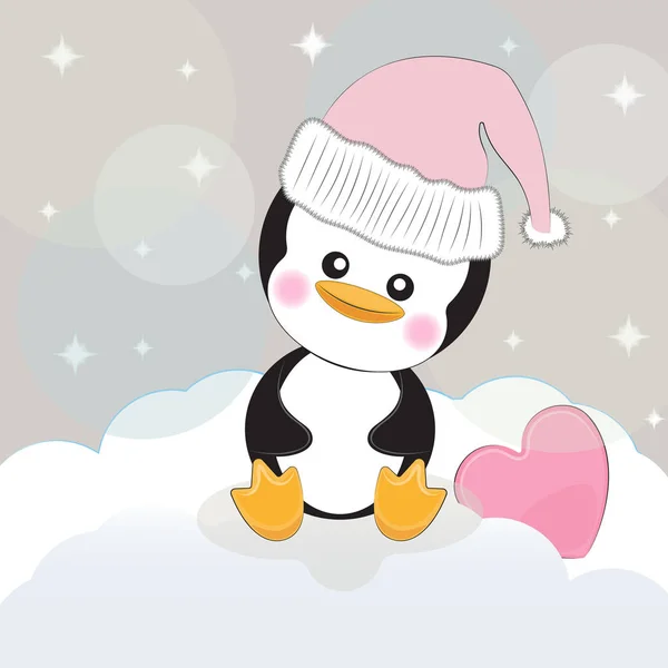 Grußkarte niedlicher Cartoon-Pinguin mit Herz auf grauem Hintergrund. — Stockvektor