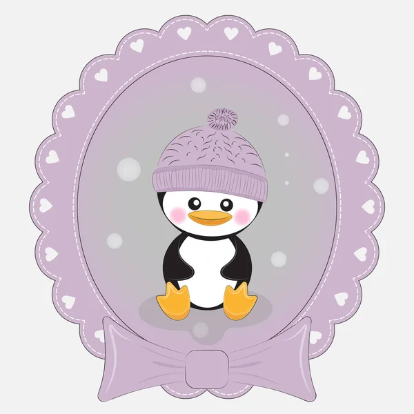 Gratulationskort gullig tecknad pingvin på en lila bakgrund. Vacker ram. — Stock vektor