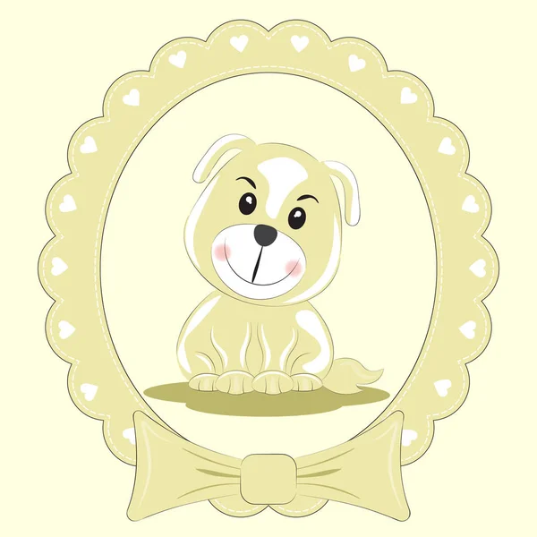 Tarjeta de felicitación lindo perro de dibujos animados sobre un fondo claro. Hermoso marco . — Vector de stock