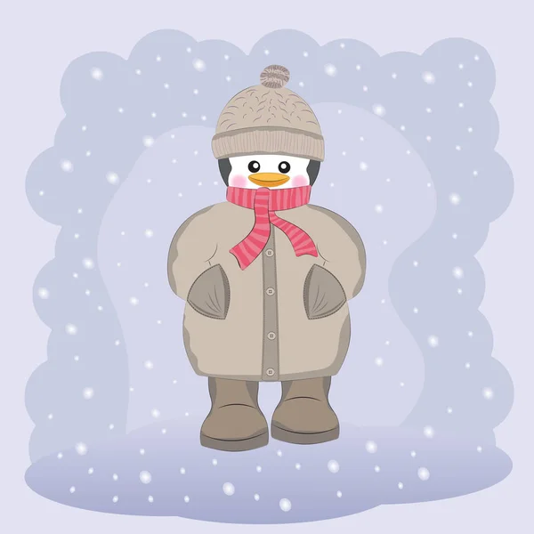 Happy  penguin in coat, hat and scarf — Stock Vector