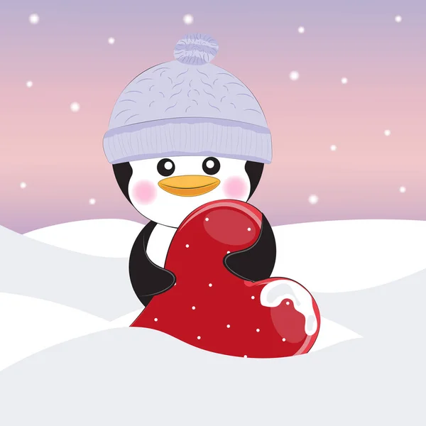 Powitanie karta kreskówka pinguin z sercem na szarym tle. — Wektor stockowy