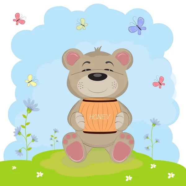 Desenhos animados um urso feliz bonito senta-se no chão . — Vetor de Stock