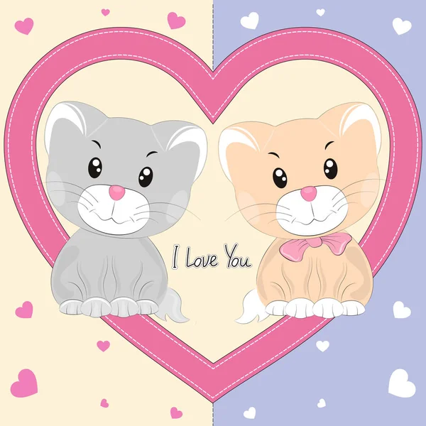Tarjeta de felicitación con dos lindos gatos en un corazón . — Vector de stock