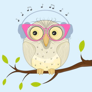 Bir dal üzerinde oturan ve müzik tebrik kartı şirin baykuş.