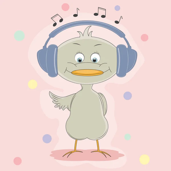 Kreskówka ptak ze słuchawkami, słuchanie muzyki. — Wektor stockowy
