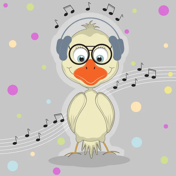 Pássaro de desenho animado bonito com fones de ouvido ouvindo música . — Vetor de Stock