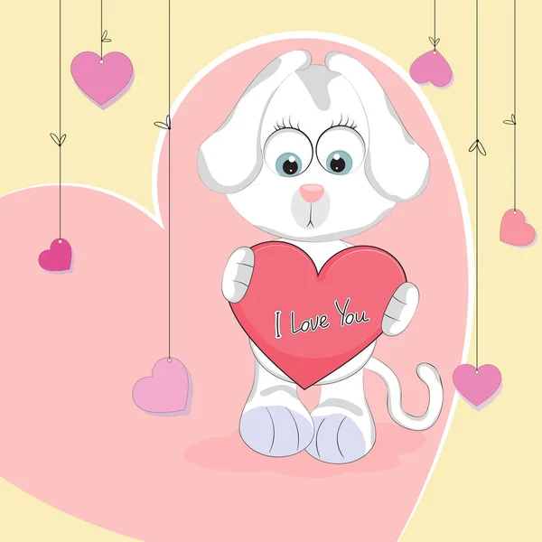 Симпатичный Cartoon Dog с сердечной надписью - I Love You — стоковый вектор