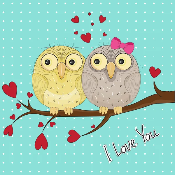 Greeting card with two cute owls in love sitting on branch. — Stock Vector