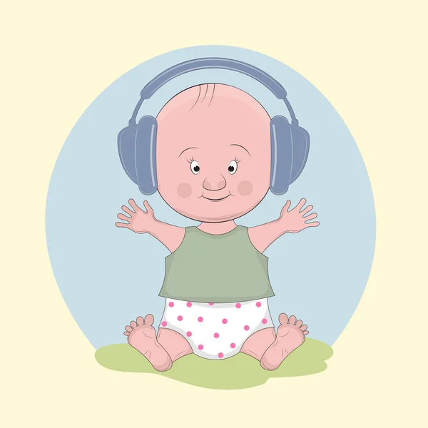 Niño lindo en un auricular escuchando música sobre un fondo claro. Tarjeta de felicitación — Archivo Imágenes Vectoriales