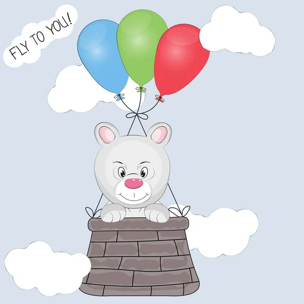 Greeting card the bear cub flies in a basket tied to balloons. — Stock Vector