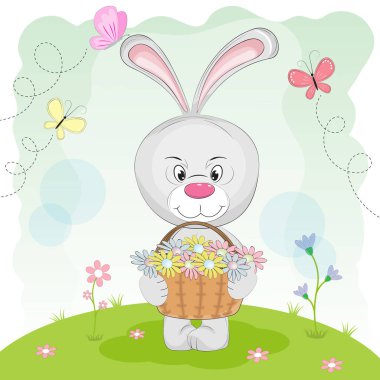 Tebrik kartı tavşan sepet çiçek taşıyan çayırda.