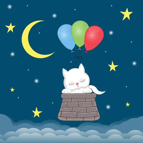 O gato dorme em uma cesta amarrada a balões — Vetor de Stock