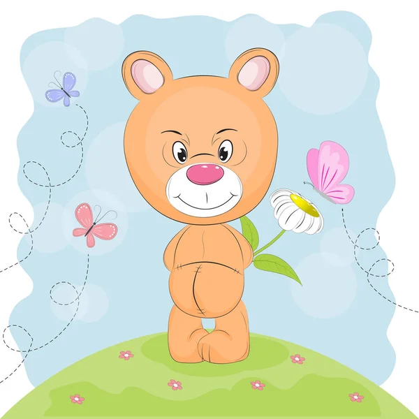 Urso bonito com flor e borboletas em um prado . — Vetor de Stock