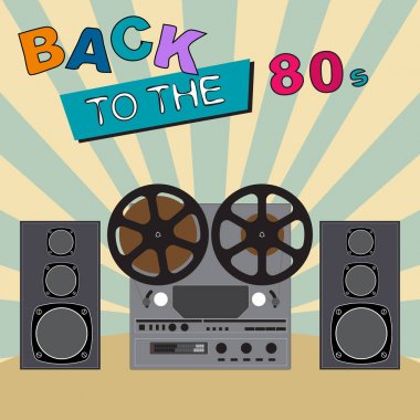 Geri 80. Retro 80'ler vektör grafik poster ve başlık sayfası. Moda stil grafik şablon kayıt cihazı ve hoparlör. 