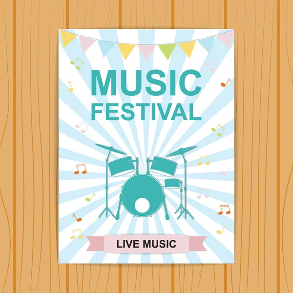 Affiche ou dépliant du festival de musique. Affiche avec instruments de musique, tambours . — Image vectorielle