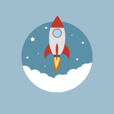 Gökyüzü, tasarım uçan düz simgesi çizgi film uzay roketi renkli.