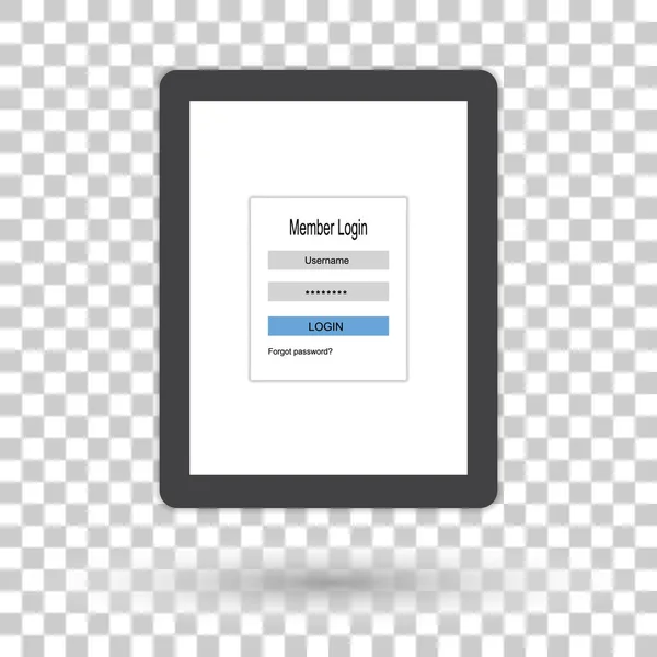 Ablet dator med användaren inloggningssidan form och knappen Logga in. — Stock vektor