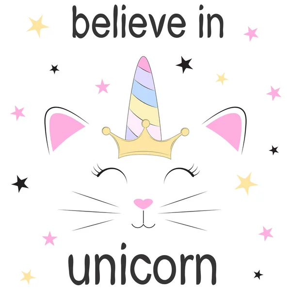 Söt fantasi cat prinsessan unicorn. Söta barn grafik för t-shi — Stock vektor
