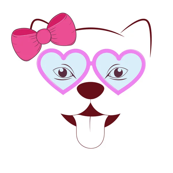 Anak anjing dengan kacamata merah muda dan kupu-kupu. Gambar fashion anjing. . - Stok Vektor