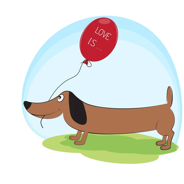 Tarjeta de felicitación, perro lindo dachshund con globo . — Vector de stock