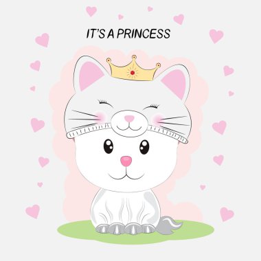 Sevimli kedicik şapkalı bir yavru kedi Prenses yürekleri beyaz arka plan üzerinde. 