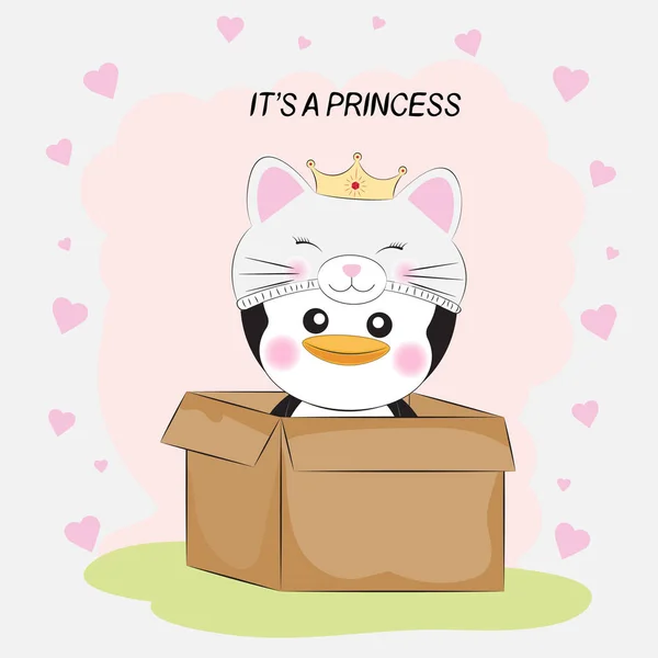 Linda princesita pingüino en una caja. sobre fondo blanco con corazones . — Archivo Imágenes Vectoriales