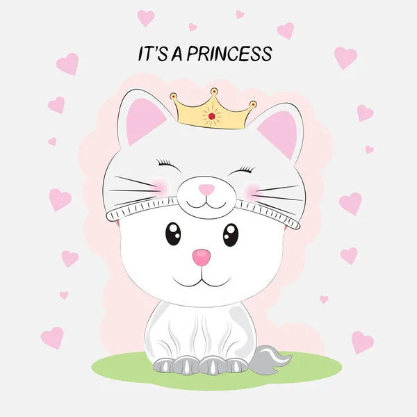 Gatinho bonito em um chapéu de princesa gatinho no fundo branco com corações . — Vetor de Stock