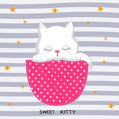 Cute cat girl in the pocket.  Greeting card. clipart