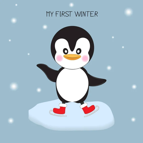 Lindo pingüino con patín sobre hielo. Tarjeta de felicitación . — Vector de stock