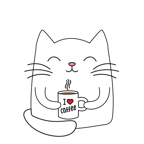 Silhouette Mignon petit chat avec tasse de café . — Image vectorielle