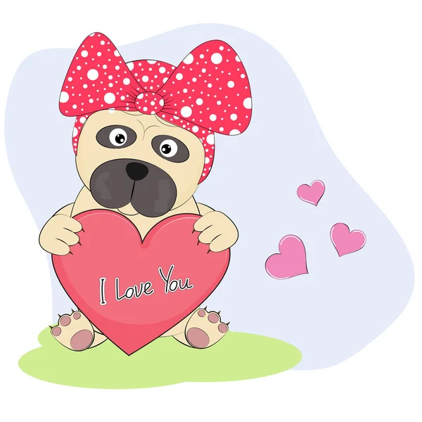 Aranyos rajzfilm kutya mopsz szívvel felirat - I Love You. — Stock Vector
