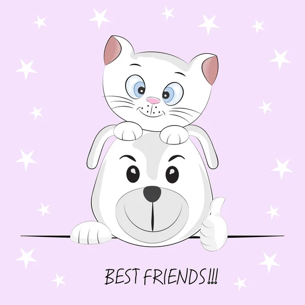 Cute best friends cat and dog. Greeting card. — Stock Vector