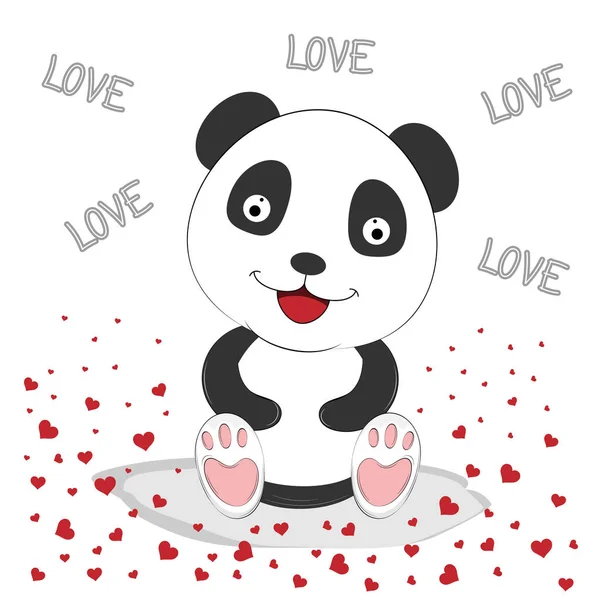 Aranyos Panda piros szív. Üdvözlőkártya. — Stock Vector