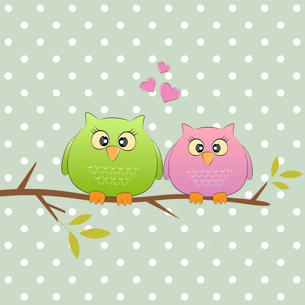 Two loving owls, happy birds are sitting on a tree. — Stock Vector