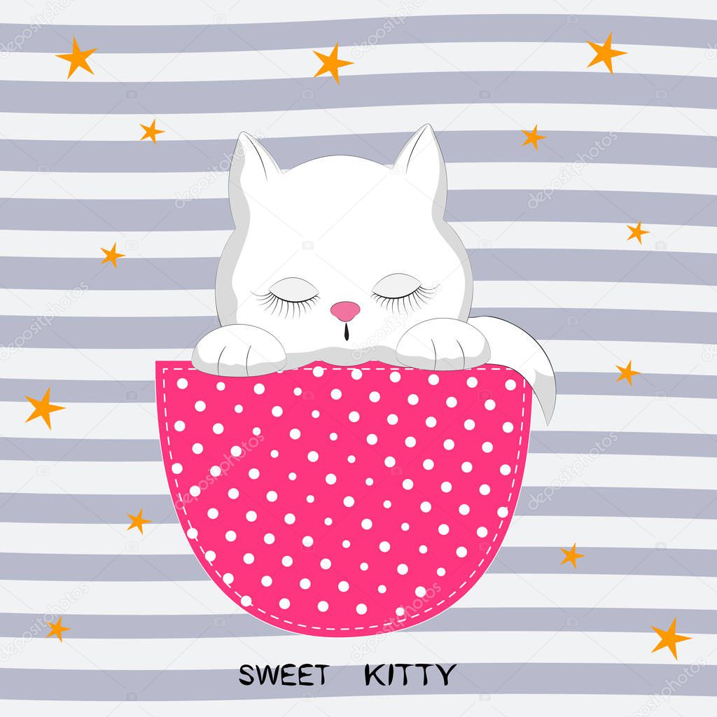 Cute cat girl in the pocket.  Greeting card.