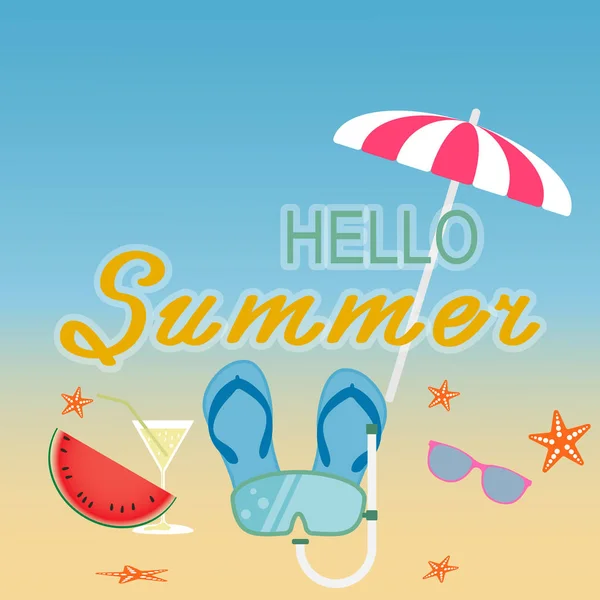 Cartaz Olá modelo de verão com acessórios de verão de praia, bebida e óculos de sol . — Vetor de Stock
